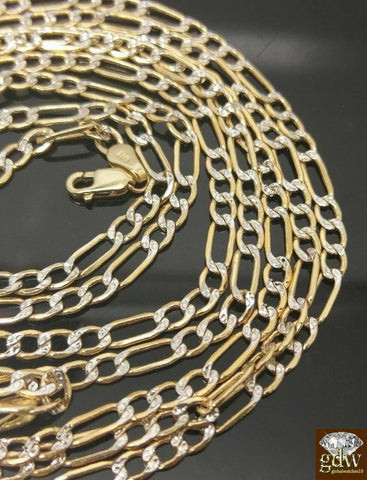Real Gold Figaro Link Chain Necklace 24" 3mm Diamond Cuts Men Women