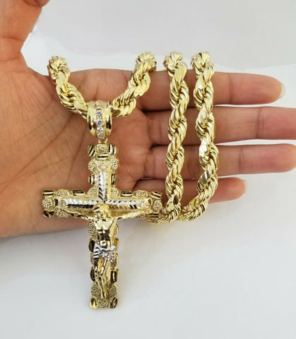 Real 10k Gold Rope Chain 25"Inch 8mm and nugget Cross Pendent ,10kt yellow gold