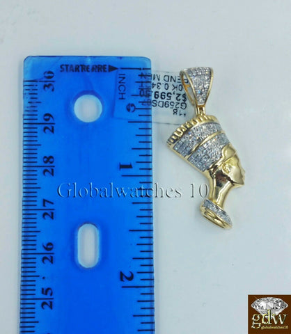 10k Gold Diamond Egyptian Queen Nefertiti Charm with 22"Inch Miami Cuban Chain