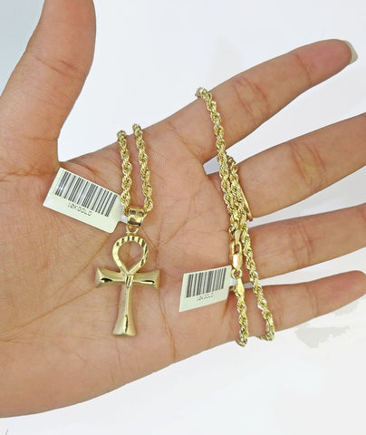 10k Gold Rope Chain & Ankh Cross Charm Pendent SET 3mm 22Inches Necklace