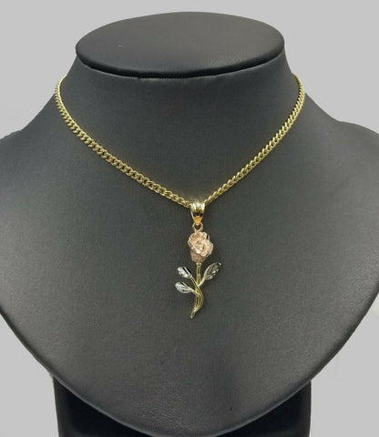 10k Yellow Gold Flower Charm Pendant Cuban Chain Necklace 3mm 16" 18" 20" Women