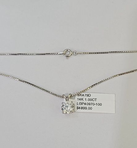 Real 14k White Gold Round Diamond Pendant Box Chain Necklace Set Women