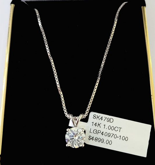 Real 14k White Gold Round Diamond Pendant Box Chain Necklace Set Women