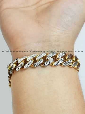 10K Yellow Gold Royal Miami Cuban Bracelet With Diamonds Cut, 8-8.5 inch 10mm