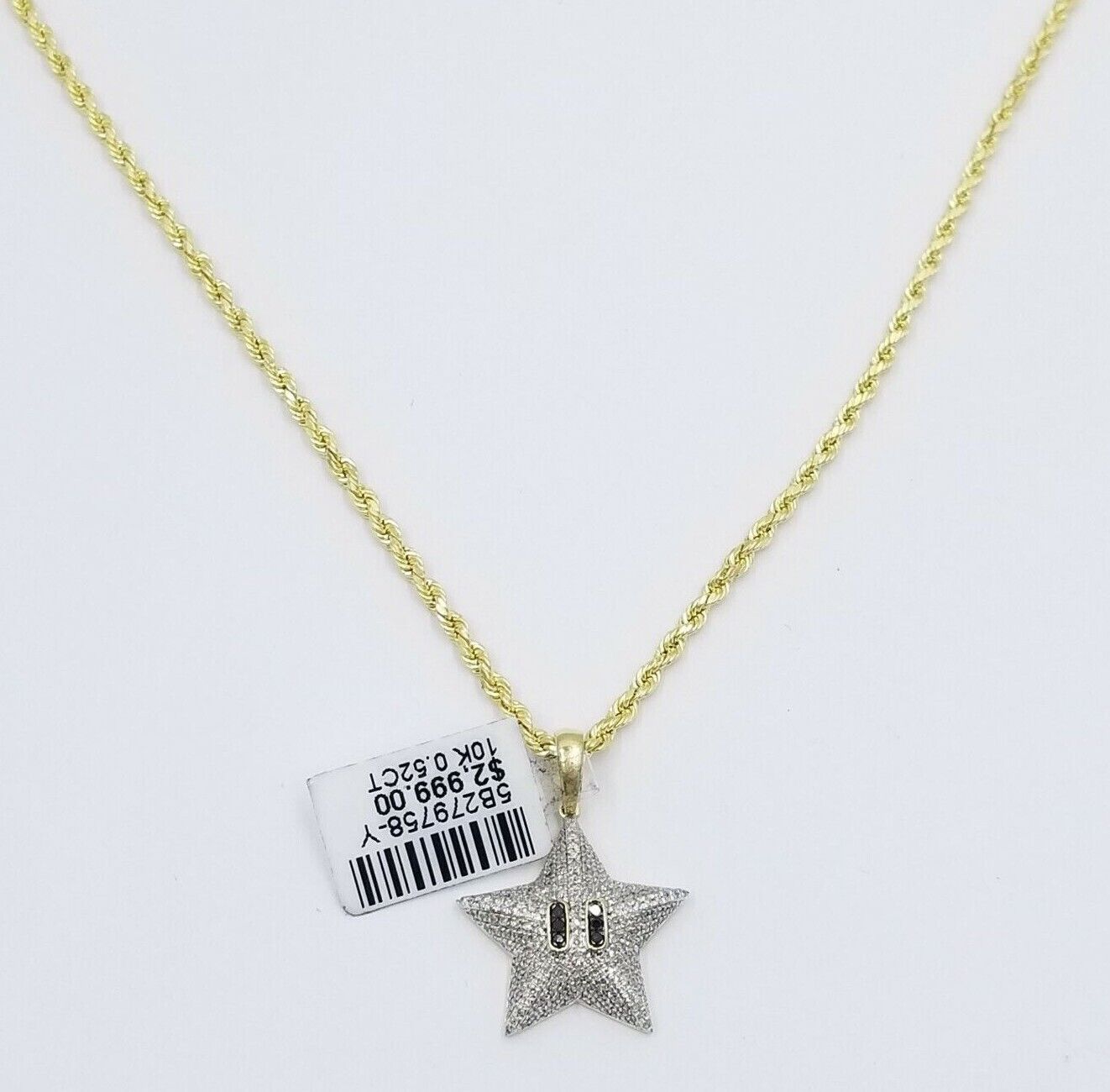 Real 10K Yellow Gold Star Emoji Diamond Charm Rope Chain 18 20 22 24 26 Inch 3mm