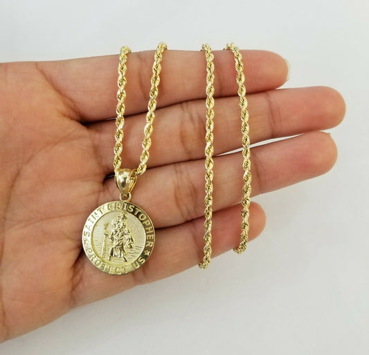 10k Yellow Gold Saint Cristopher Charm Pendent,2mm Rope Chain Necklace Chain Set