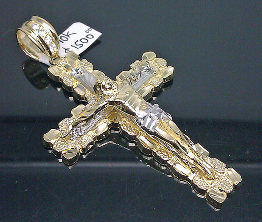 10K Real Yellow Gold Nugget Cross Charm Diamond Cut Men Ladies Unisex