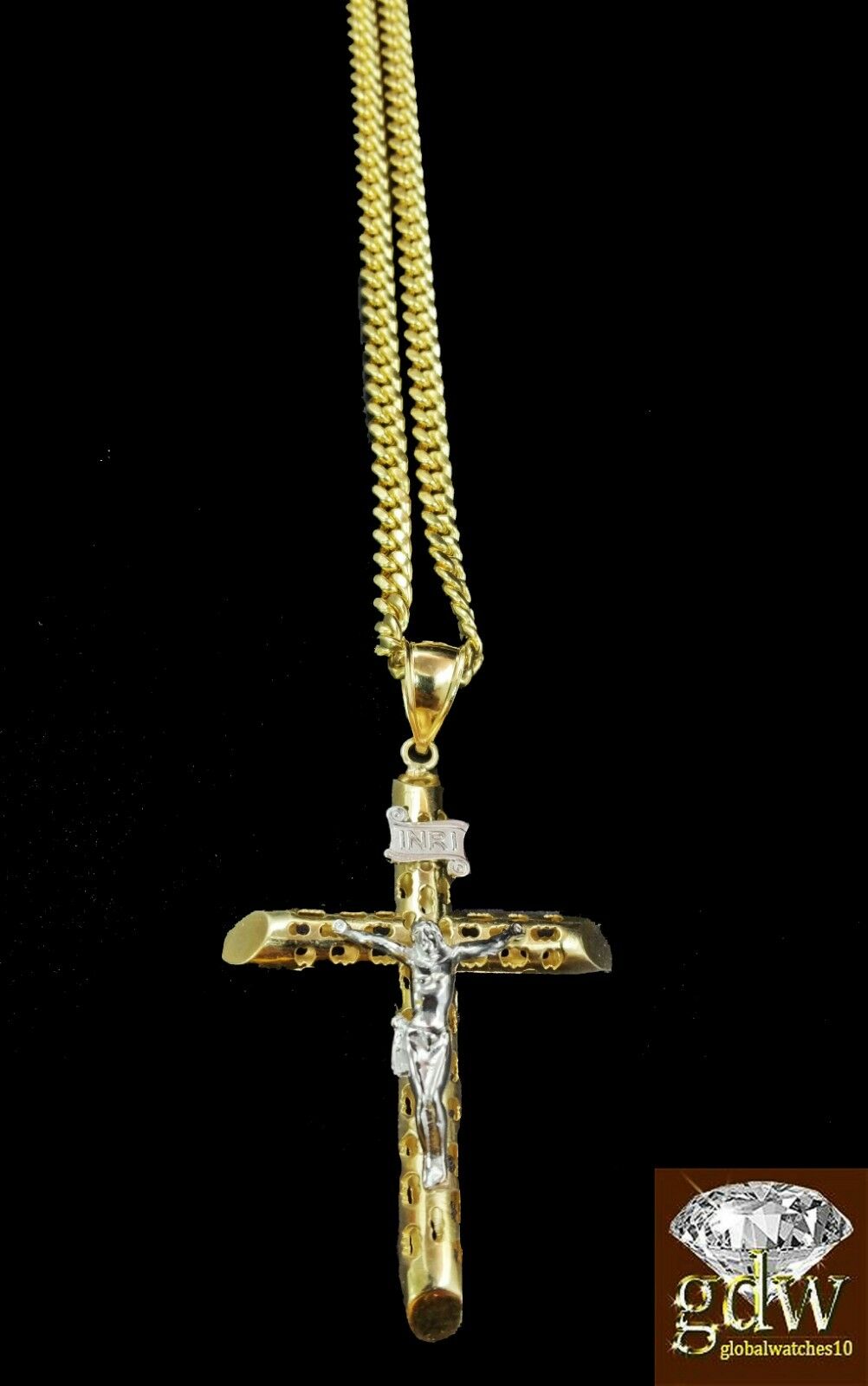 Real 10k Yellow Gold Jesus Cross Pendant 24" 4mm Cuban Chain