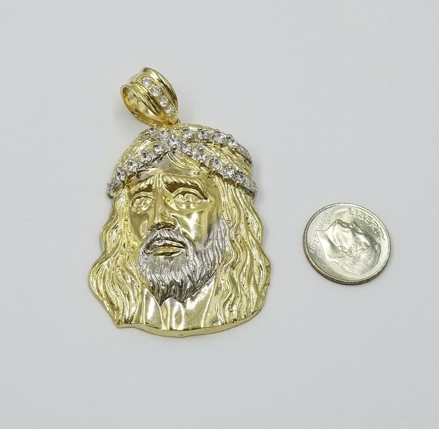 REAL 10k Yellow White Gold Jesus Head Charm Pendant Diamond Cut 2.25" 35mm Men