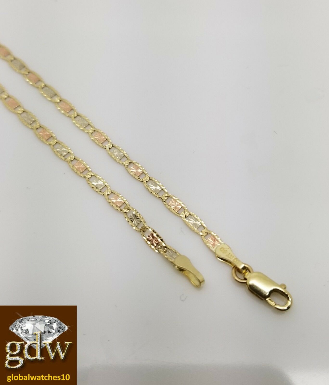 Real Trio-Gold Women's Link Chain with Lobster Clasp and 22 Inches, Diamond Cut.