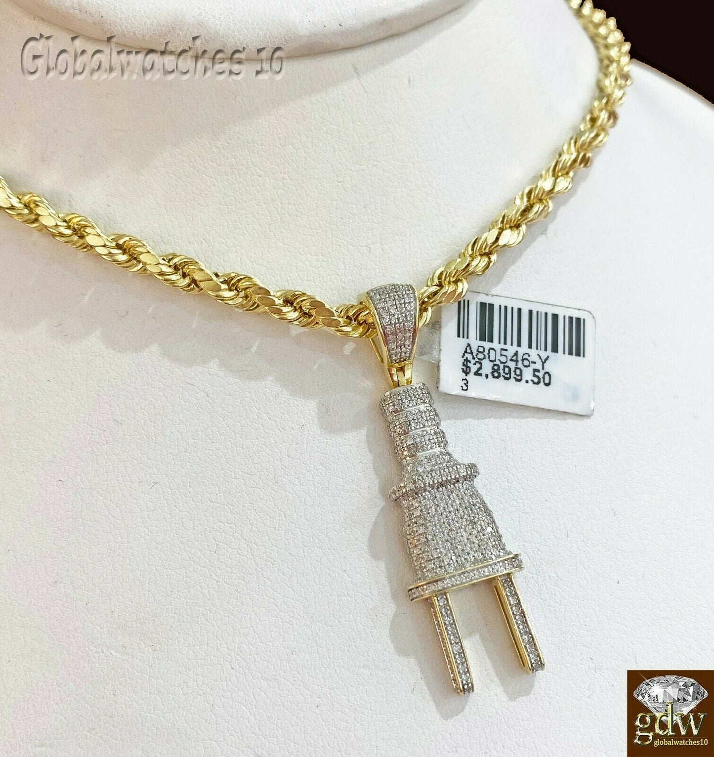 10k Gold Diamond Socket Plug Charm Pendant,10k Rope Chain in 18 20 22 24 26 Inch