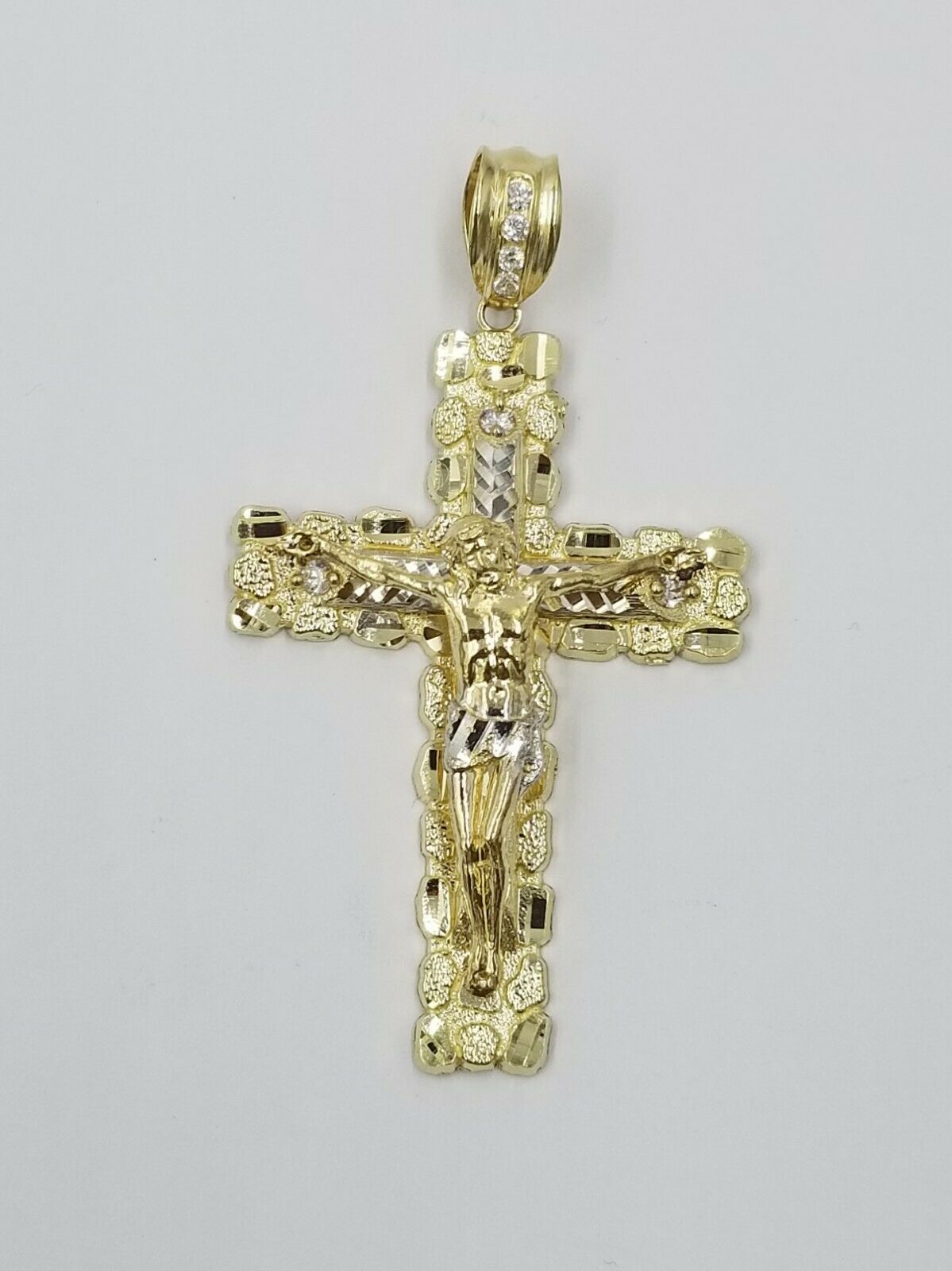 10k Gold Byzantine 24" Necklace Jesus Nugget Cross Pendant 3" Charm 5mm Chain