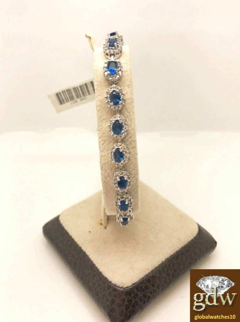 Real 925 Sterling Silver Women's Bracelet Crystals Blue sapphire 8 inch Gift