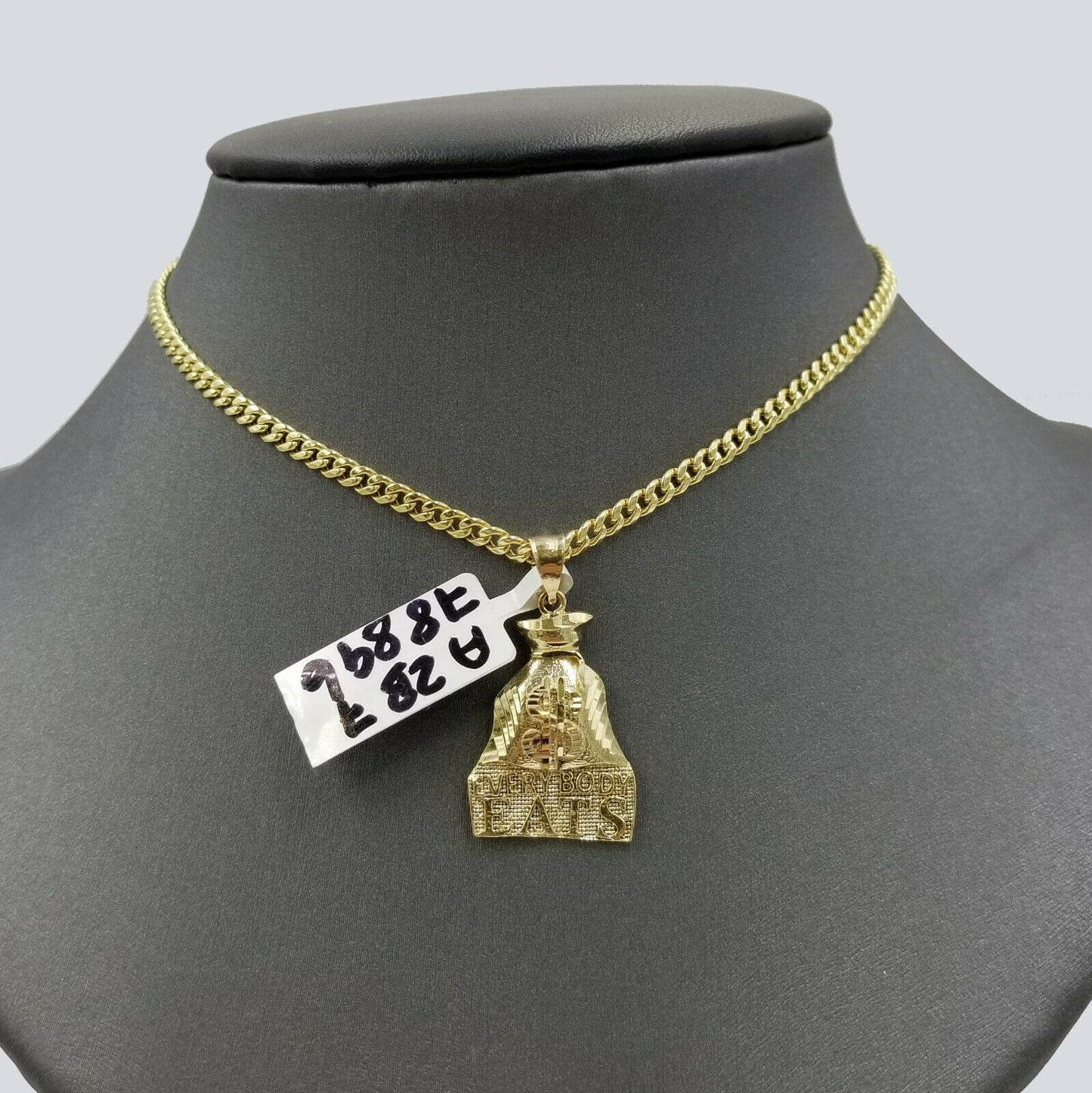 Dollar Bag 10k Gold Charm Pendant With Miami Cuban Chain 3mm  "Every Body EATS"