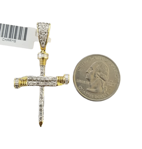 10K Yellow Gold Cross Pendent Real Diamond Nail Design Jesus Charm Religious