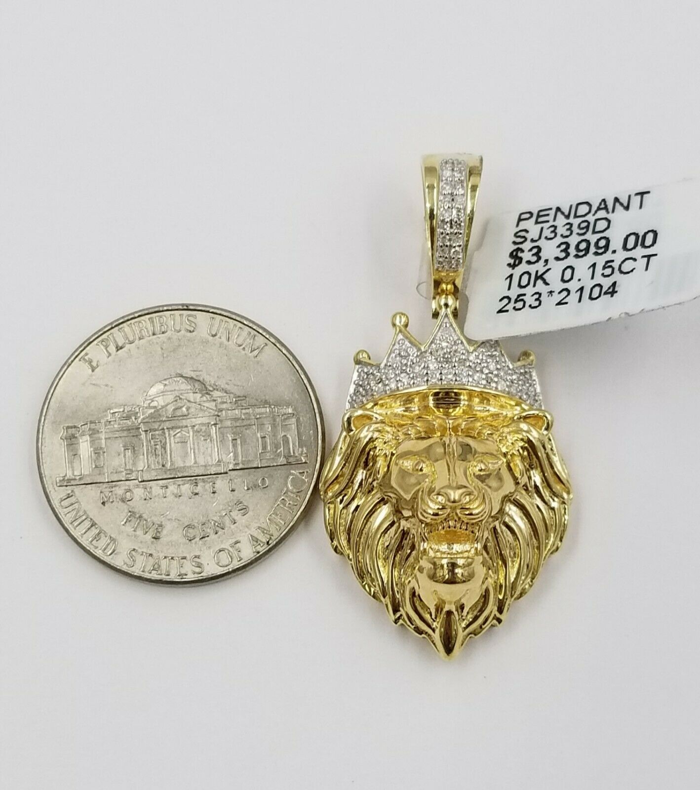 Real 10k Yellow Gold Lion Head 1.5" Charm/Pendant with Genuine 0.15 CT Diamonds