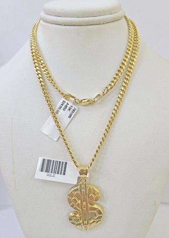 10k Yellow Gold Miami Cuban Chain & Dollar Charm \ Pendent SET 3mm 22 Inches