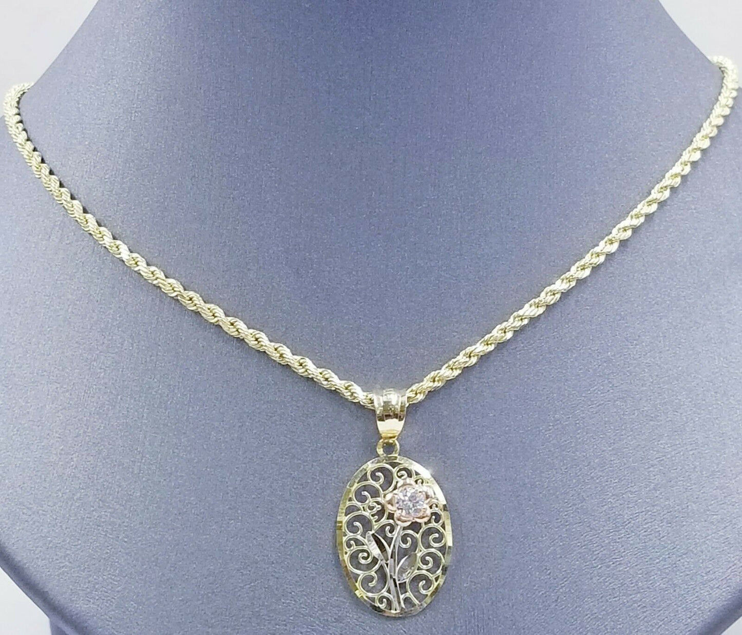 10k Yellow Gold Rope Chain & Flower Pendant Diamond cut 18" 20" 22" 24" 26" 28"