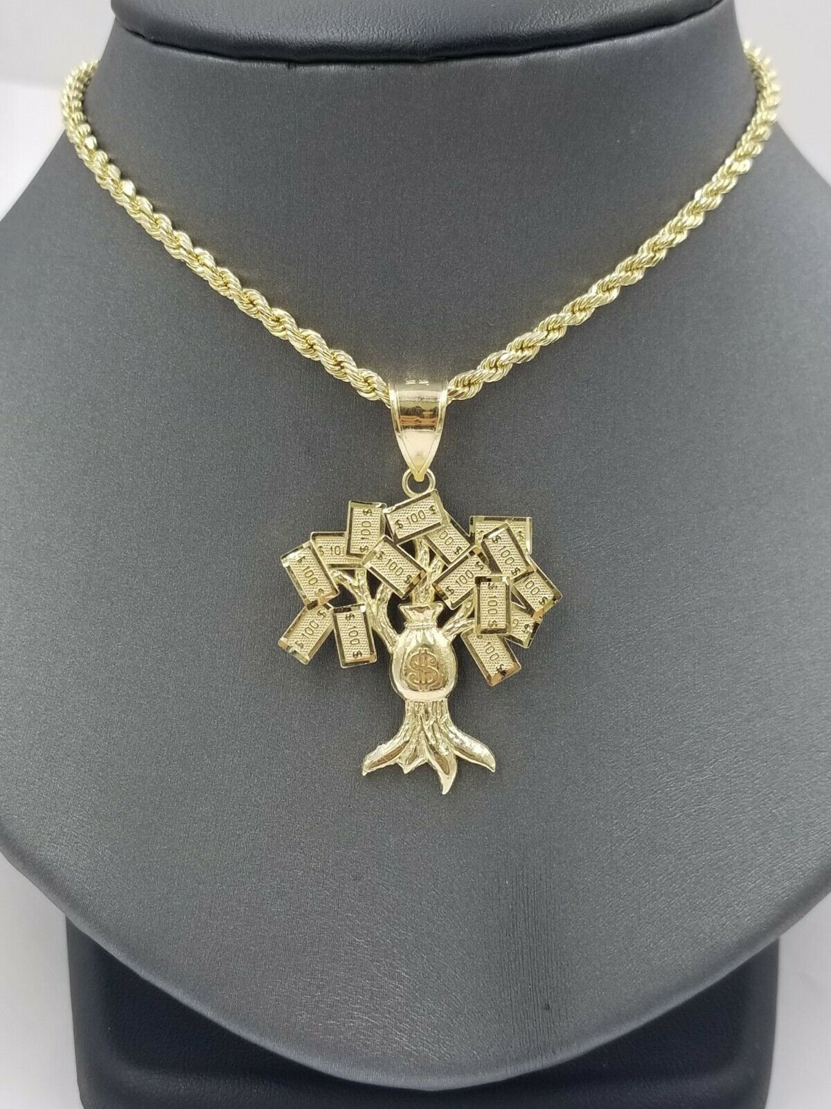 Real 10k Yellow Gold Lucky $100 Dollar Bag Charm Money Tree Pendant Men Women