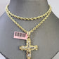 14k Yellow Gold Rope Chain & Jesus Nugget Cross Charm SET 4mm 22 Inches Necklace