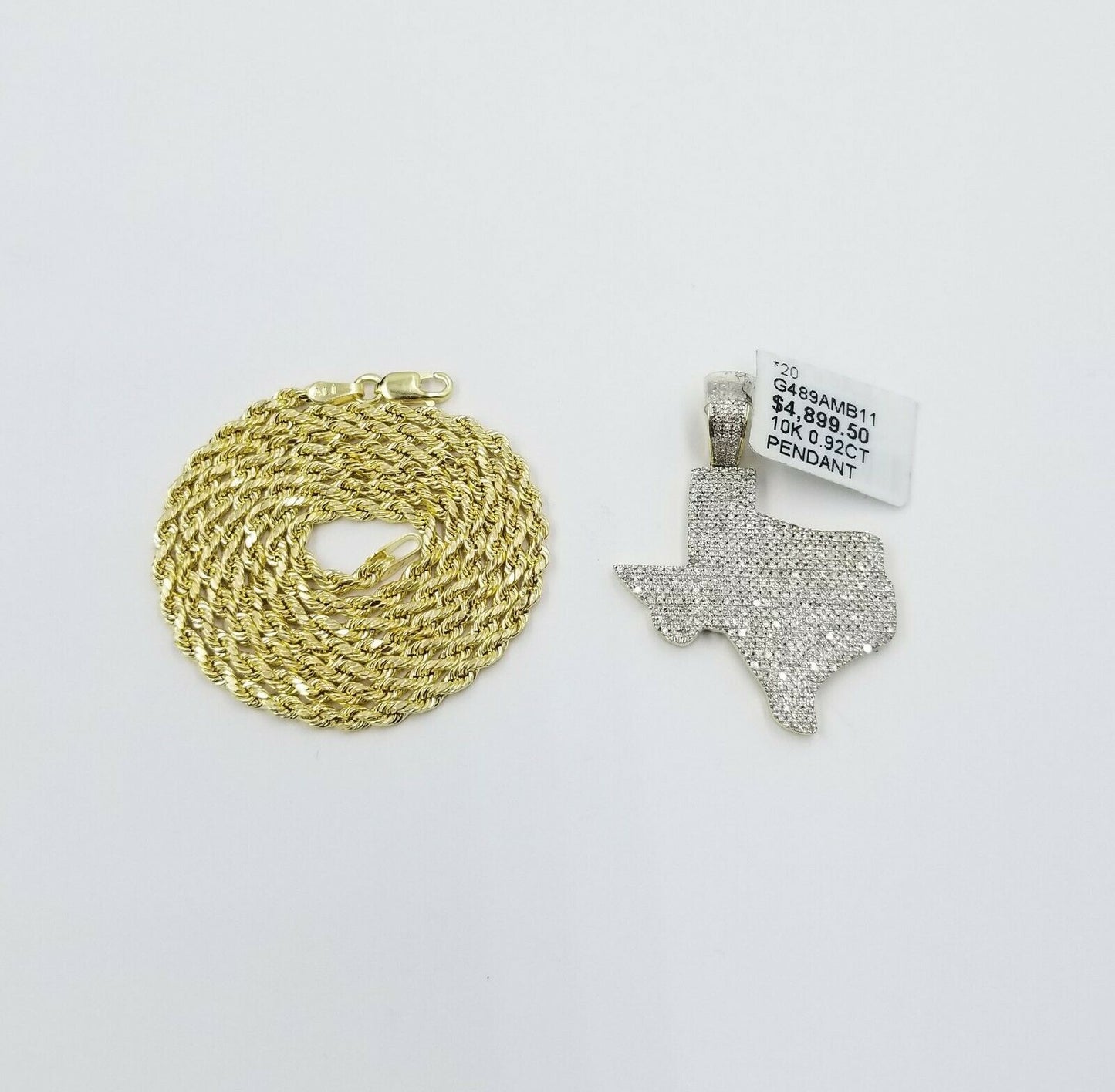 10K Gold Texas Map Diamond Pendant/Charm 2.5mm Rope Chain in 16 18 20 22 24 Inch