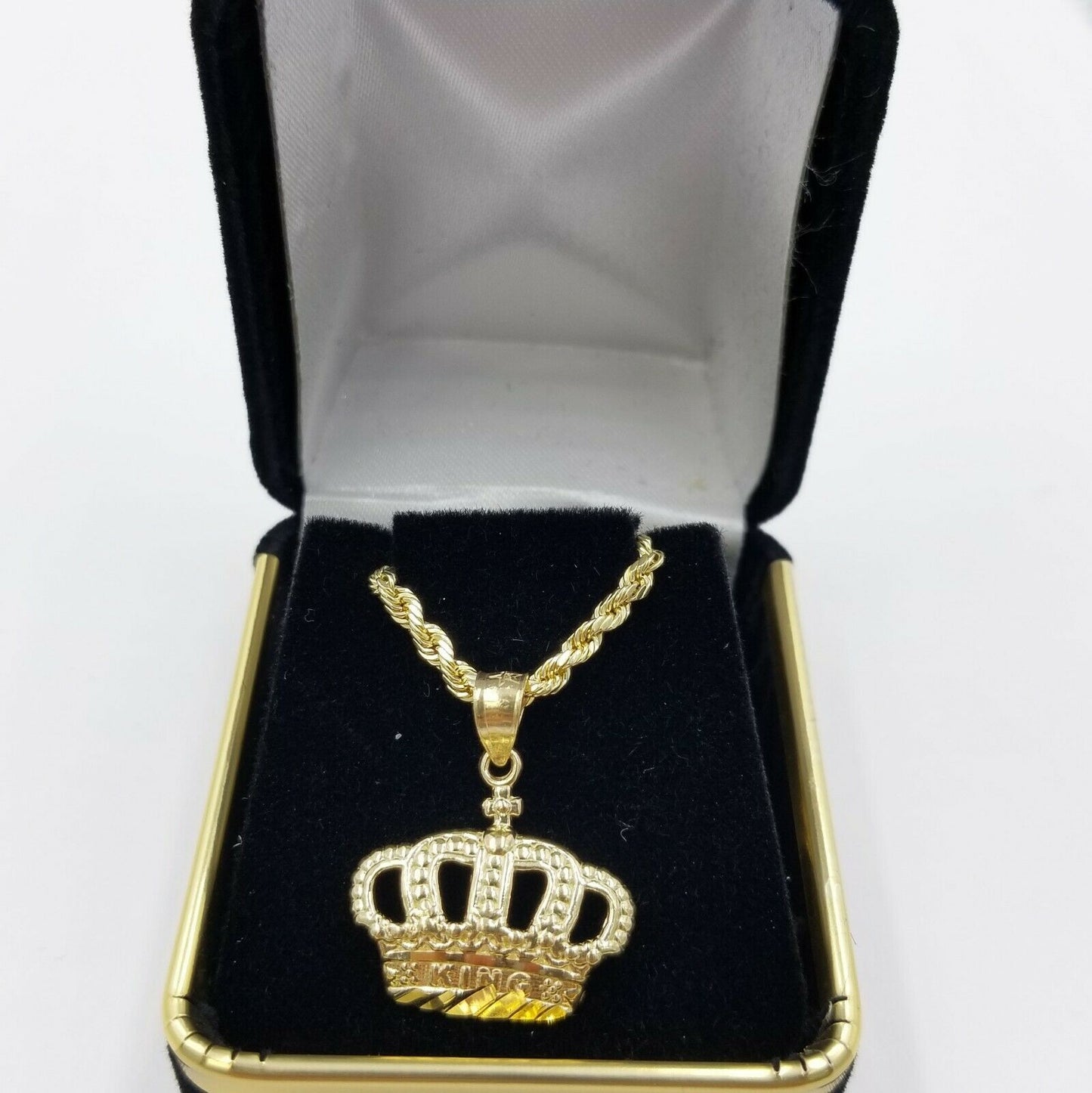 10K Yellow Gold King Crown Charm Pendant Rope Chain 18 20 22 24 26 Inch 3mm