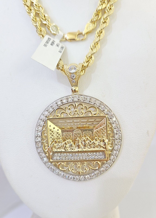 10k Gold Rope Chain Last Supper Charm Pendent SET 5mm 26 Inches