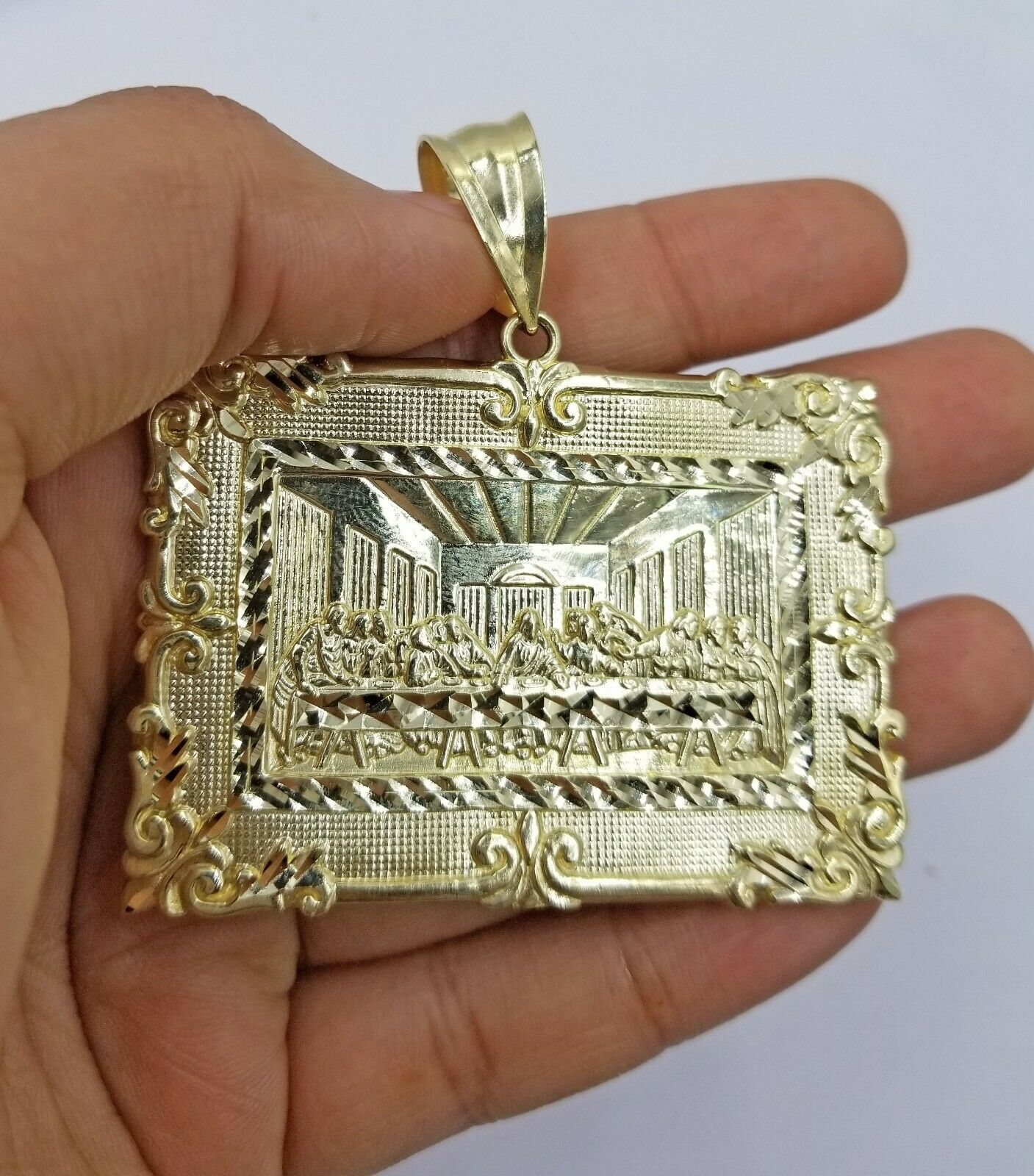 10K Yellow Gold Last Supper Large Pendant 2.5" Charm Diamond Cut Men Women