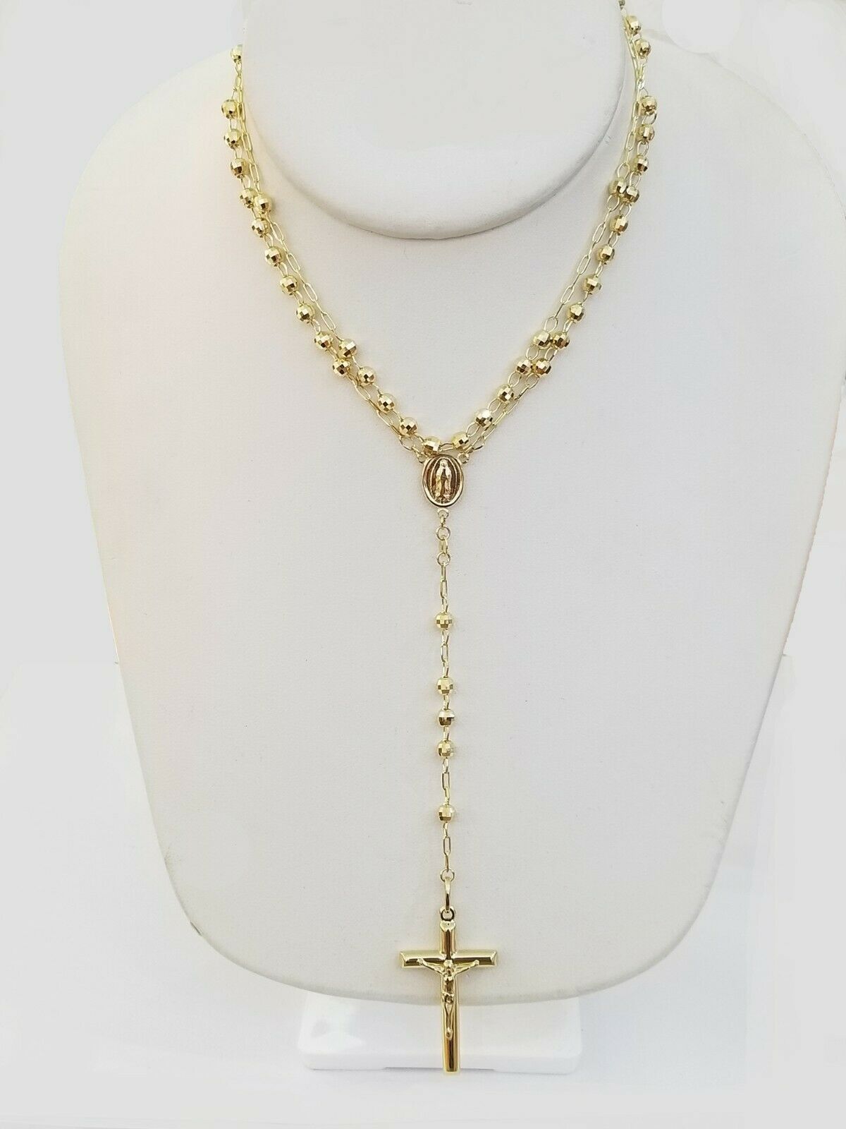 Real 14k Yellow Gold Diamond Cut Jesus Crucifix Rosary Necklace 4mm 29"