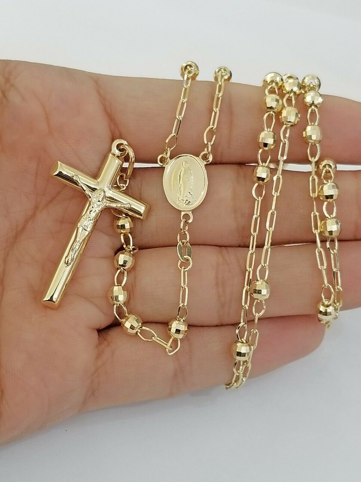 Real 14k Yellow Gold Diamond Cut Jesus Crucifix Rosary Necklace 4mm 29"