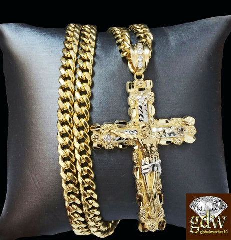Real 10k Yellow Gold Jesus Cross Pendant 10k 28" Inch Cuban Chain Box Lock Set
