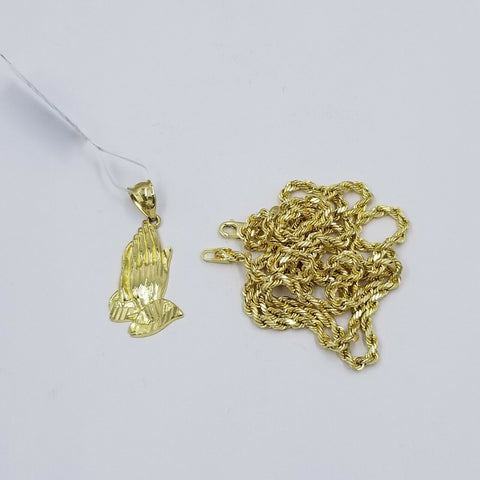 Real 10k Yellow Gold Praying Hands Charm Pendent Rope Chain 2.5mm 18 20 22 24