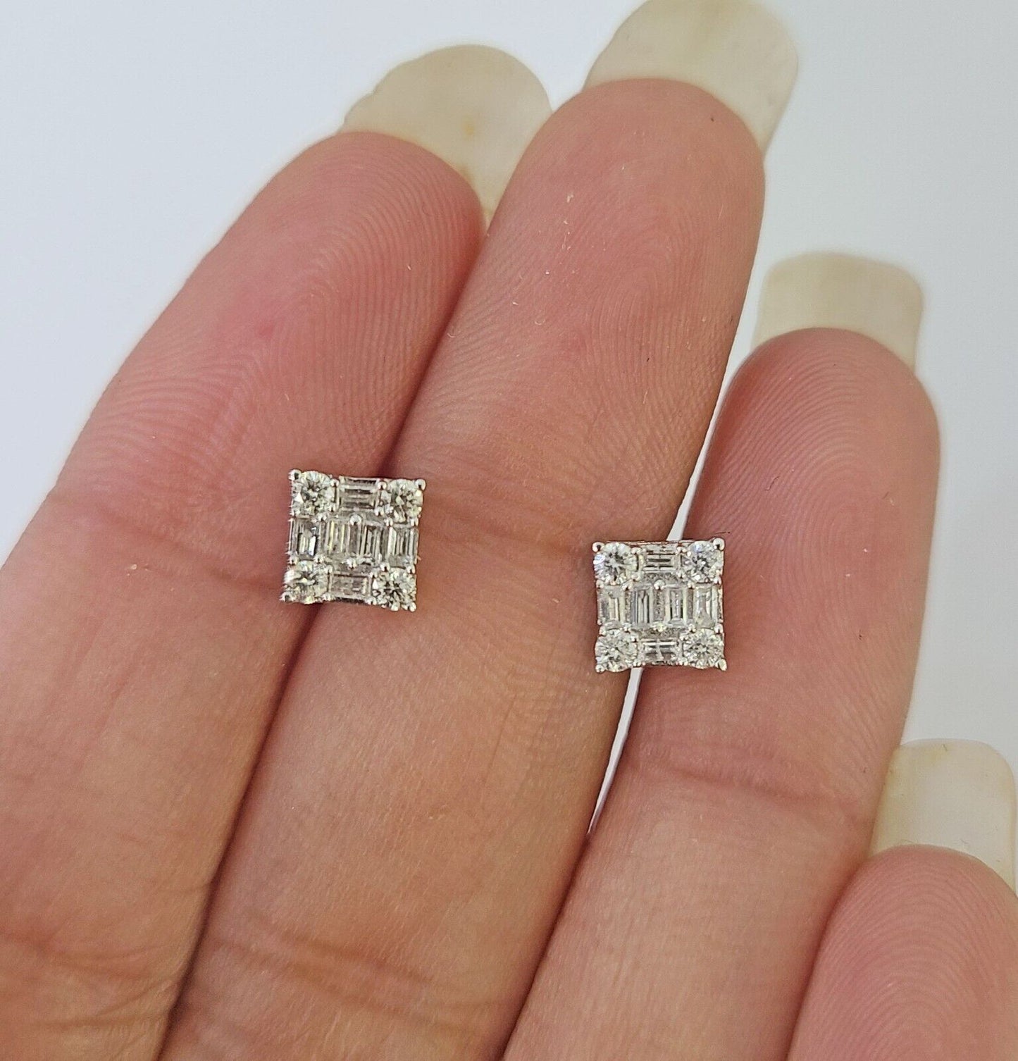 10k White Gold Sqaure Earrings Real Diamond Screw-Back Women Men Studs