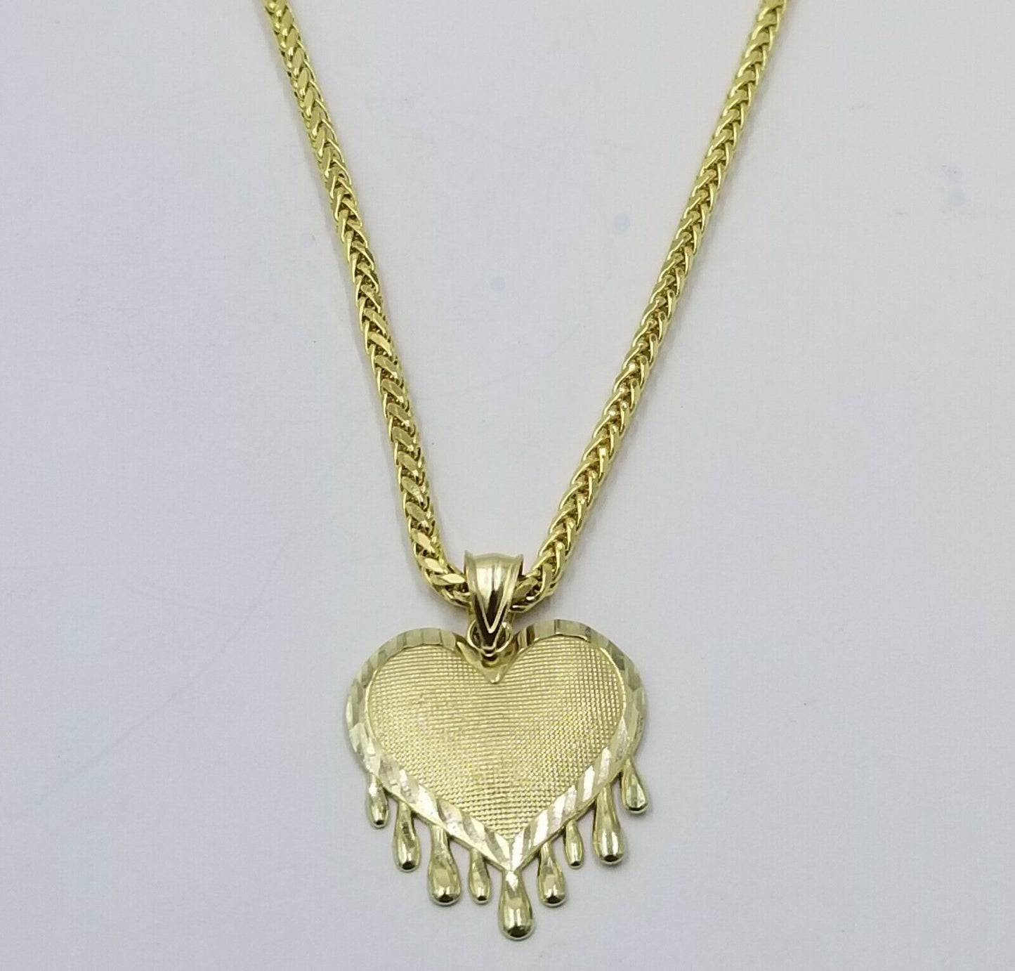 10k Dripping Heart Yellow Gold Diamond Cut Pendant Palm Chain 20" 3mm