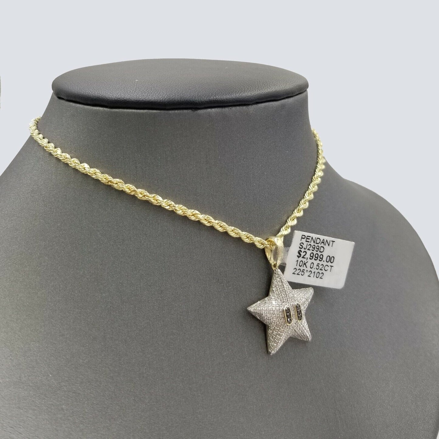 Real 10K Yellow Gold Star Emoji Diamond Charm Rope Chain 18 20 22 24 26 Inch 3mm