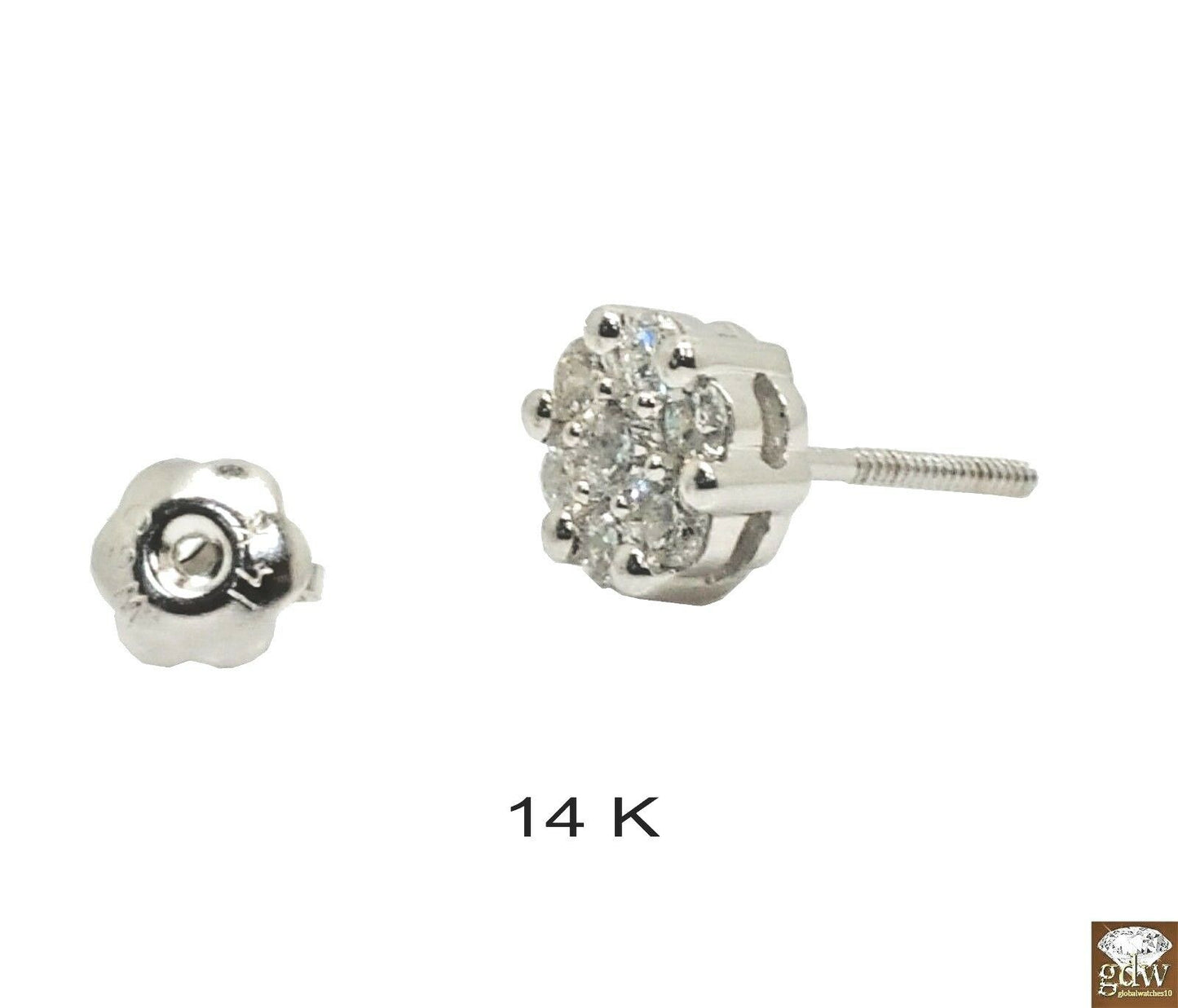 New 14K White Gold Flower Earring Stud 4mm, 5mm, 6mm, 7mm, 8mm with Real Diamond