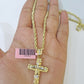14k Yellow Gold Rope Chain & Jesus Nugget Cross Charm SET 3mm 16 Inches Necklace