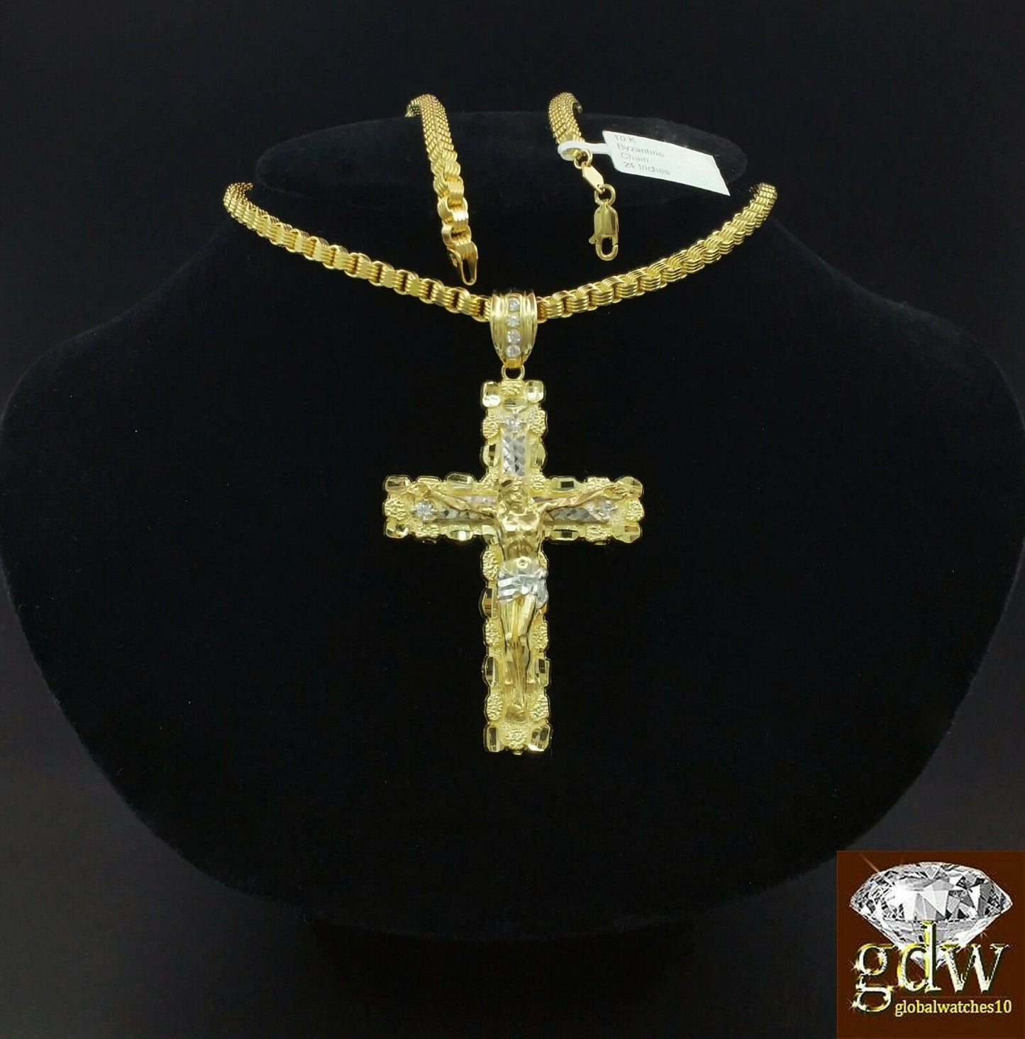 Real 10k Yellow Gold Jesus Cross Charm Pendant with 26 Inch Byzantine Chain