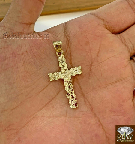 10k Gold Solid Men's Jesus cross Charm, Nugget Design Pendant with Diamond Cut,