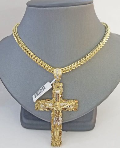 Real 10k Gold Nugget Cross Franco Necklace 4mm 24" Chain Charm SET 10kt