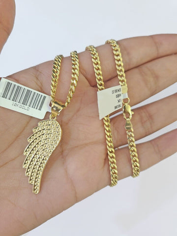 10k Yellow Gold Miami Cuban Chain & Wings Charm \ Pendent SET 3mm 22 Inches