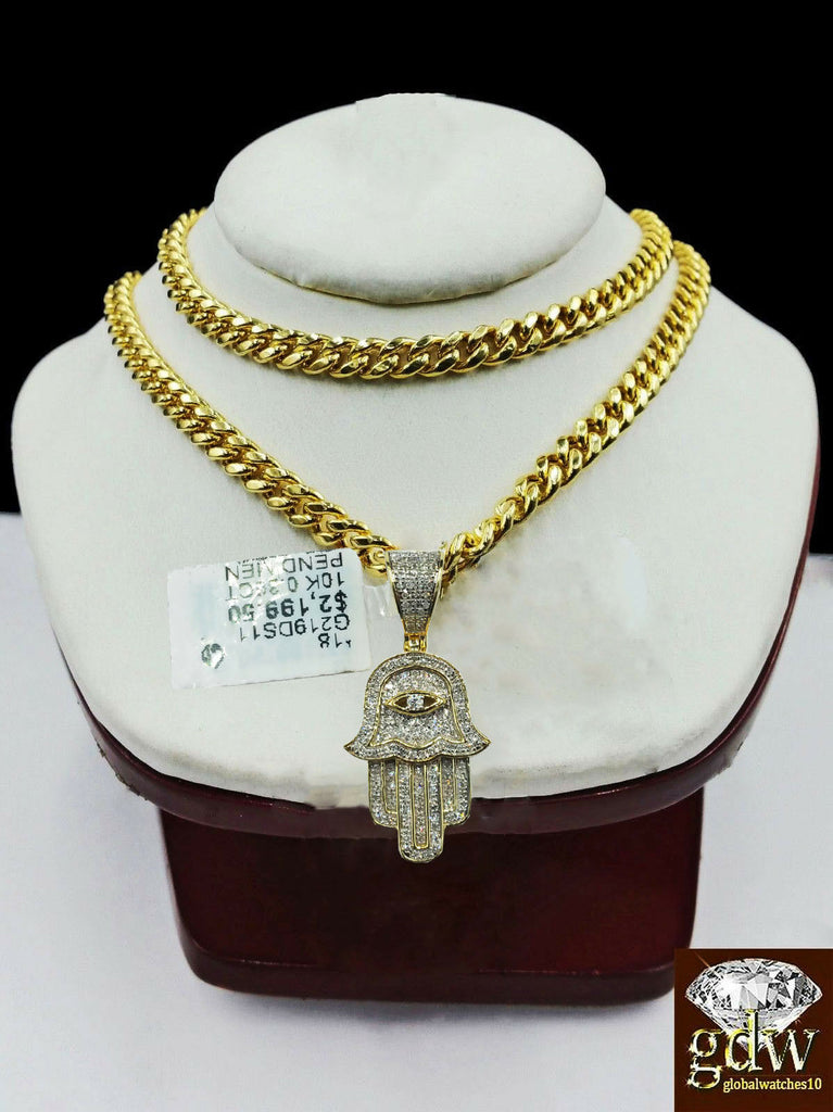Solid 10k Yellow Gold Diamond Hamsa Hand Charm with 26" Miami Cuban Chain