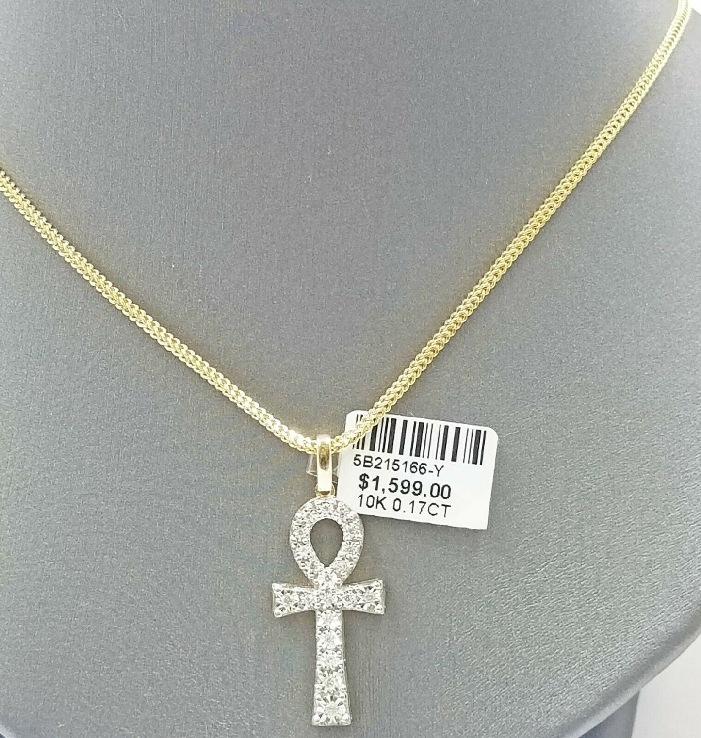 10k Gold Ankh Cross Charm Pendant Real Diamond 2mm Rope Chain 18"-28"