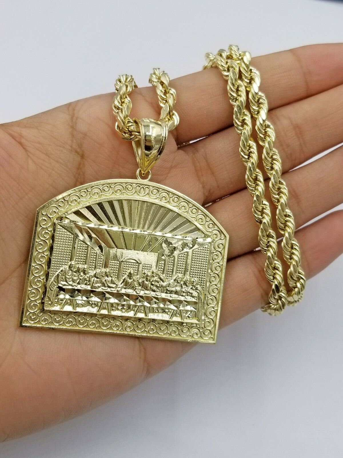 10k Yellow Gold Last supper pendant with Rope 26"Chain Mens Necklace Diamond Cut