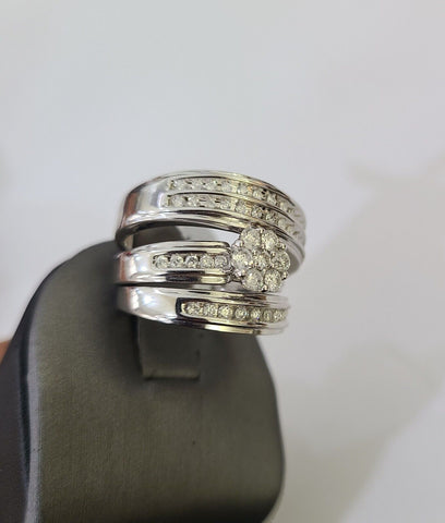 REAL 14k White Gold Diamond Ring Ladies Men Trio SET Wedding Engagement Genuine
