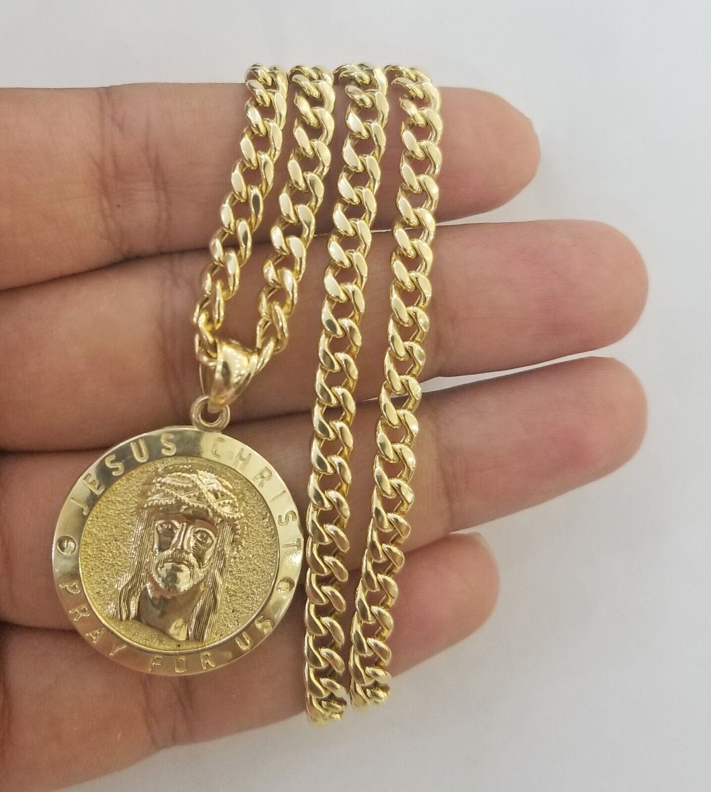 Real 10k Gold Jesus Pendant Miami Cuban link Chain 4mm 26" Set Round