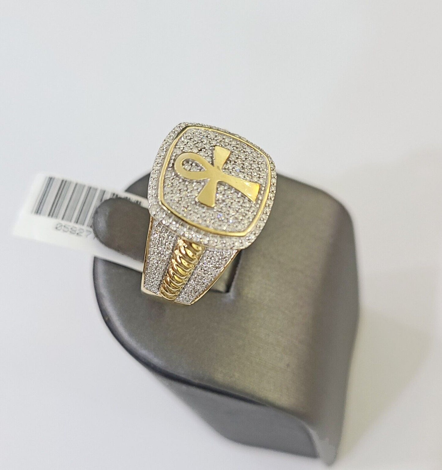 Real 10k Yellow Gold Diamond Mens Ring Ankh Cross Band Wedding Genuine Natural