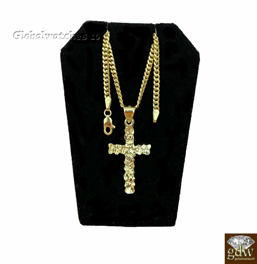 10k Gold Jesus Cross Charm, Pendant with Miami Cuban Chain in 22 24 26 28 Inch