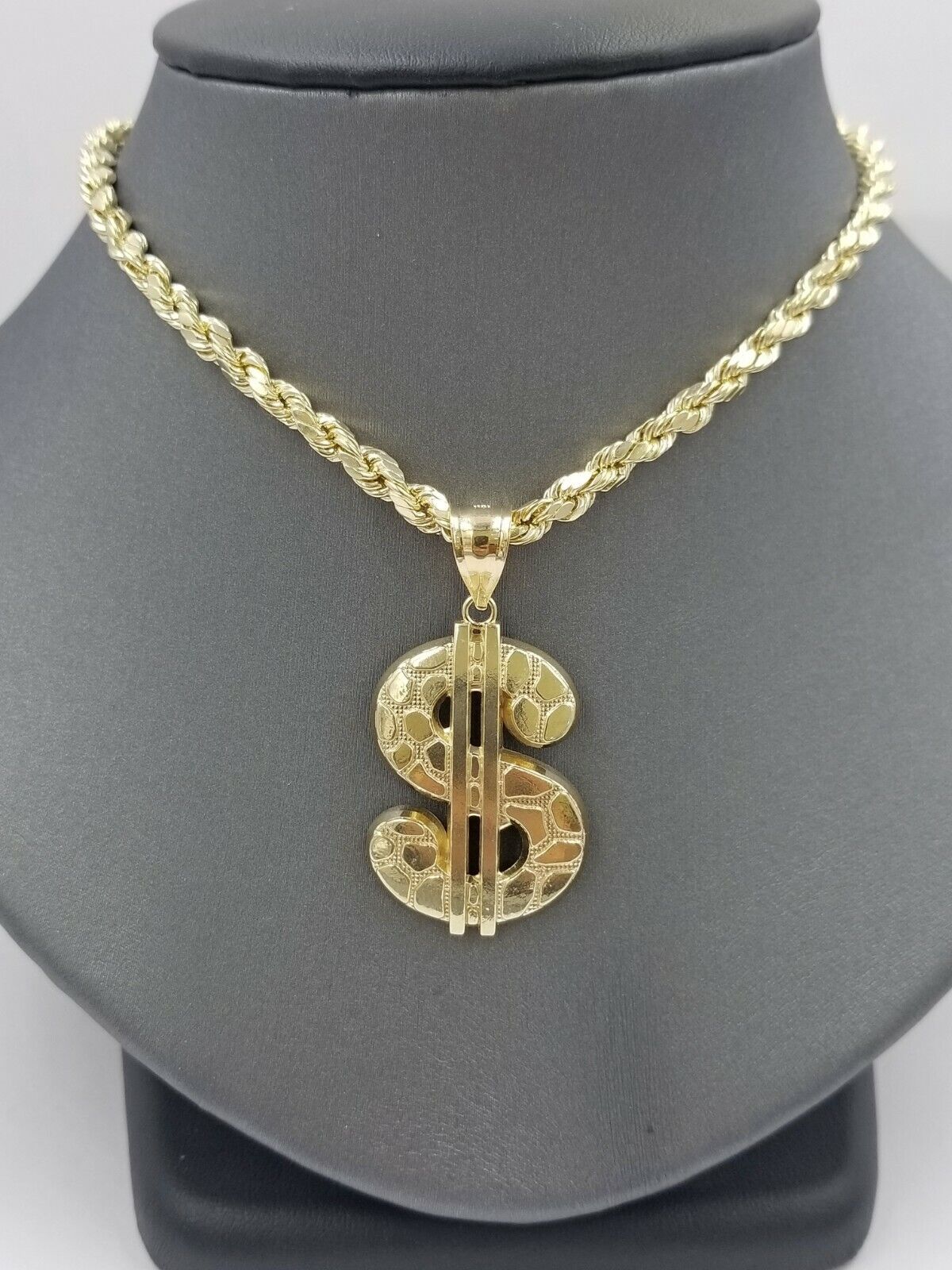 10K Gold Dollar  Sign Charm Nugget Pendant 4mm Rope Chain 20" 22" 24" 26" 28"