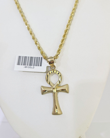 10k Gold Rope Chain & Ankh Cross Charm Pendent SET 3mm 24Inches Necklace